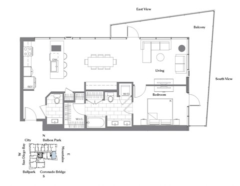 Floor plan for 1 bed, 1 bath, 1064 sqft